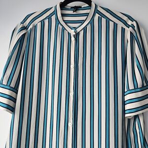 Escada Silk Turquoise Black And White Button Down Collarless Blouse